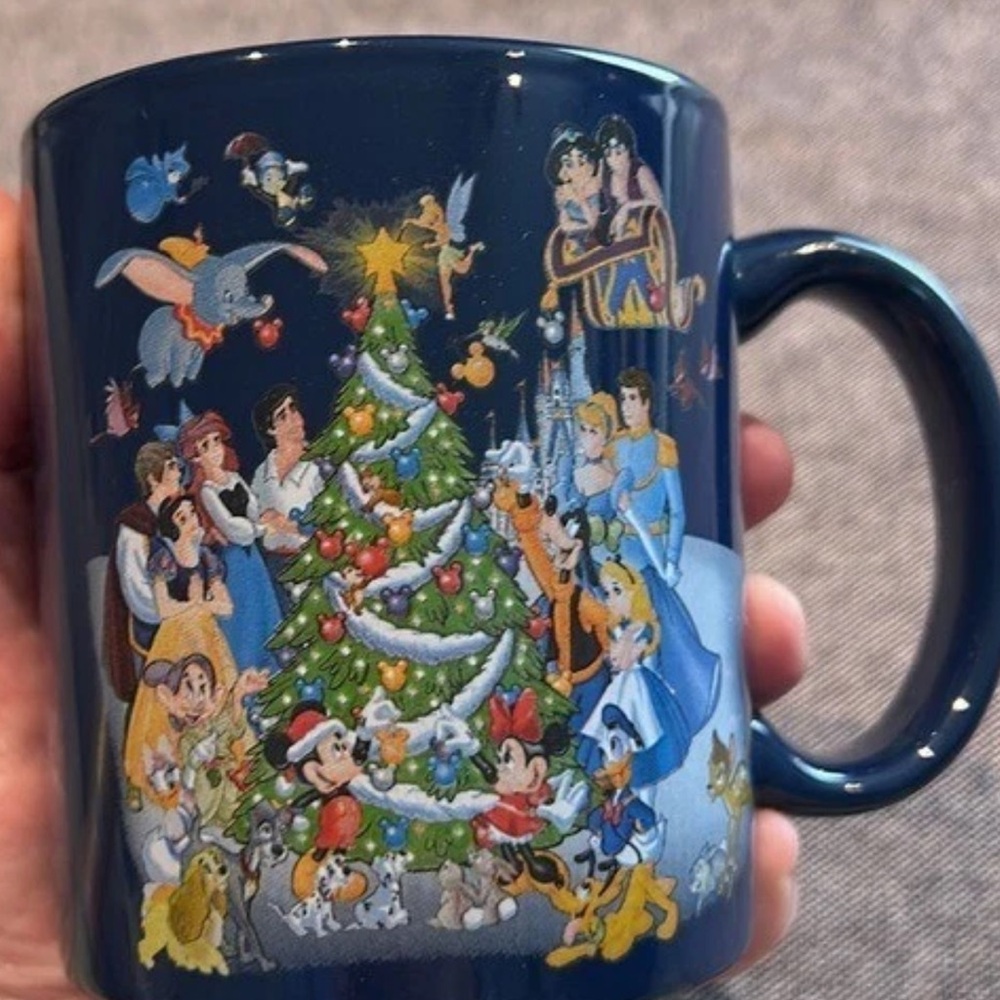 Disney Characters Decorating Christmas Tree Blue Ceramic Mug MWare 3.75" - Picture 3 of 5